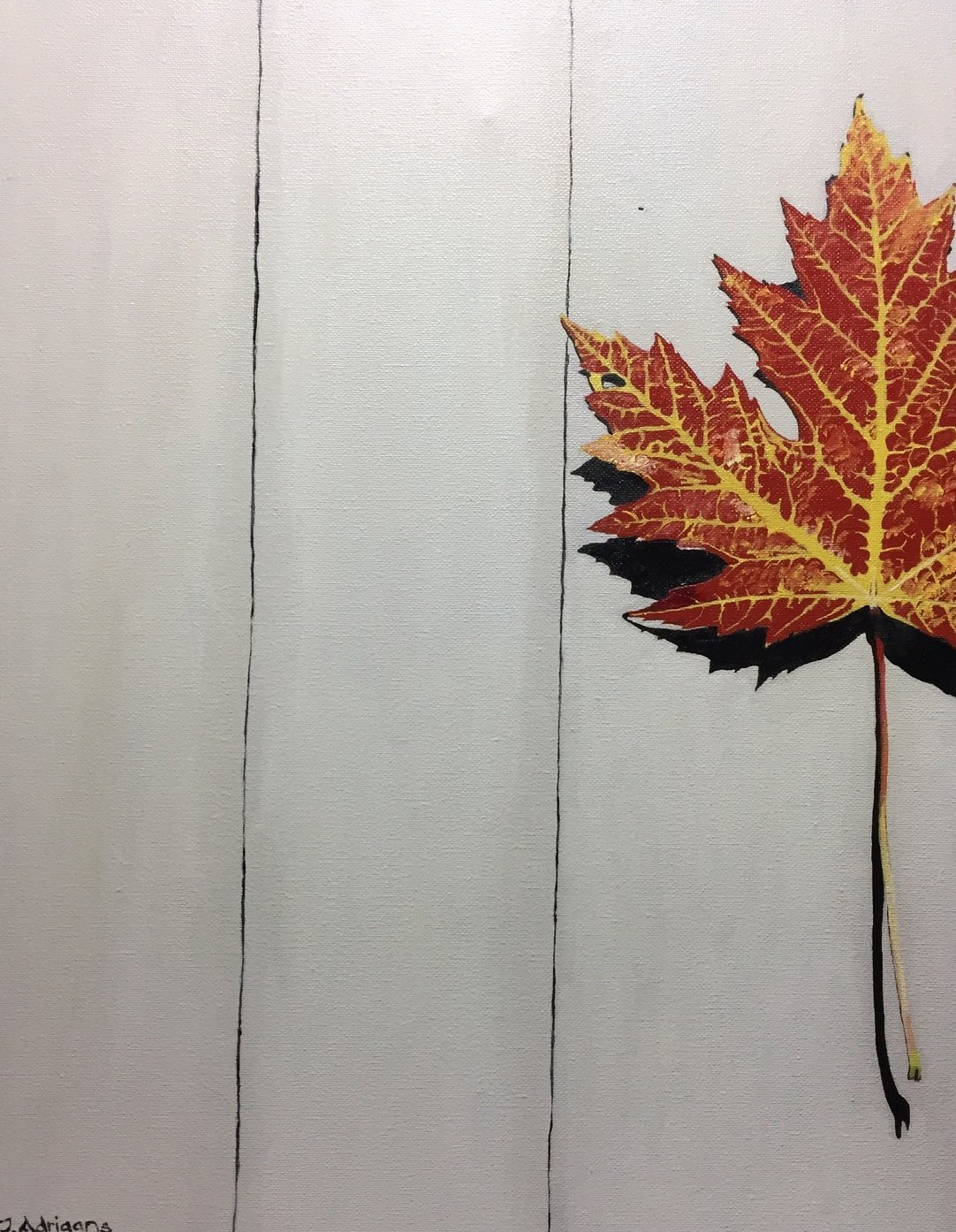 Oil painting of a single red-orange maple leaf casting a long shadow across a pale canvas.