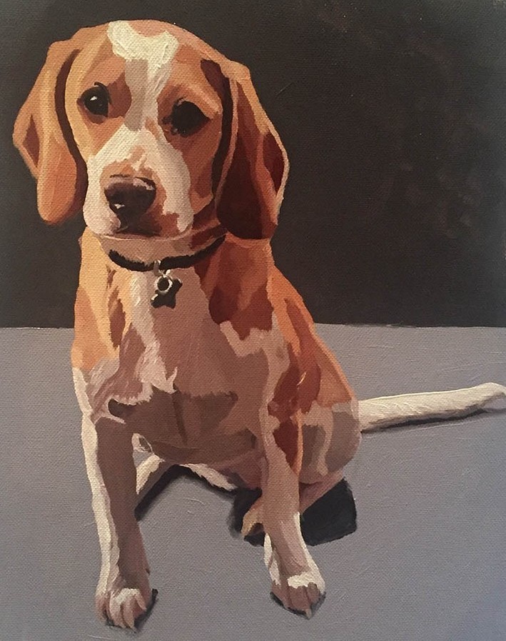 Oil portrait of a beagle sitting, warm tan and white against a dark ground.