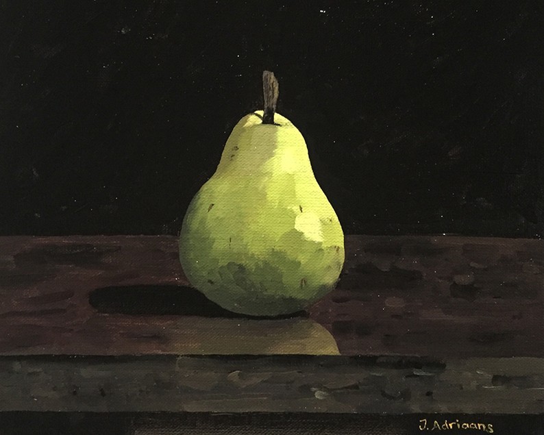 Oil still life of a single green pear lit against a dark background.