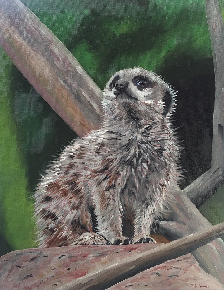 Oil painting of an alert meerkat perched among branches, green foliage behind.