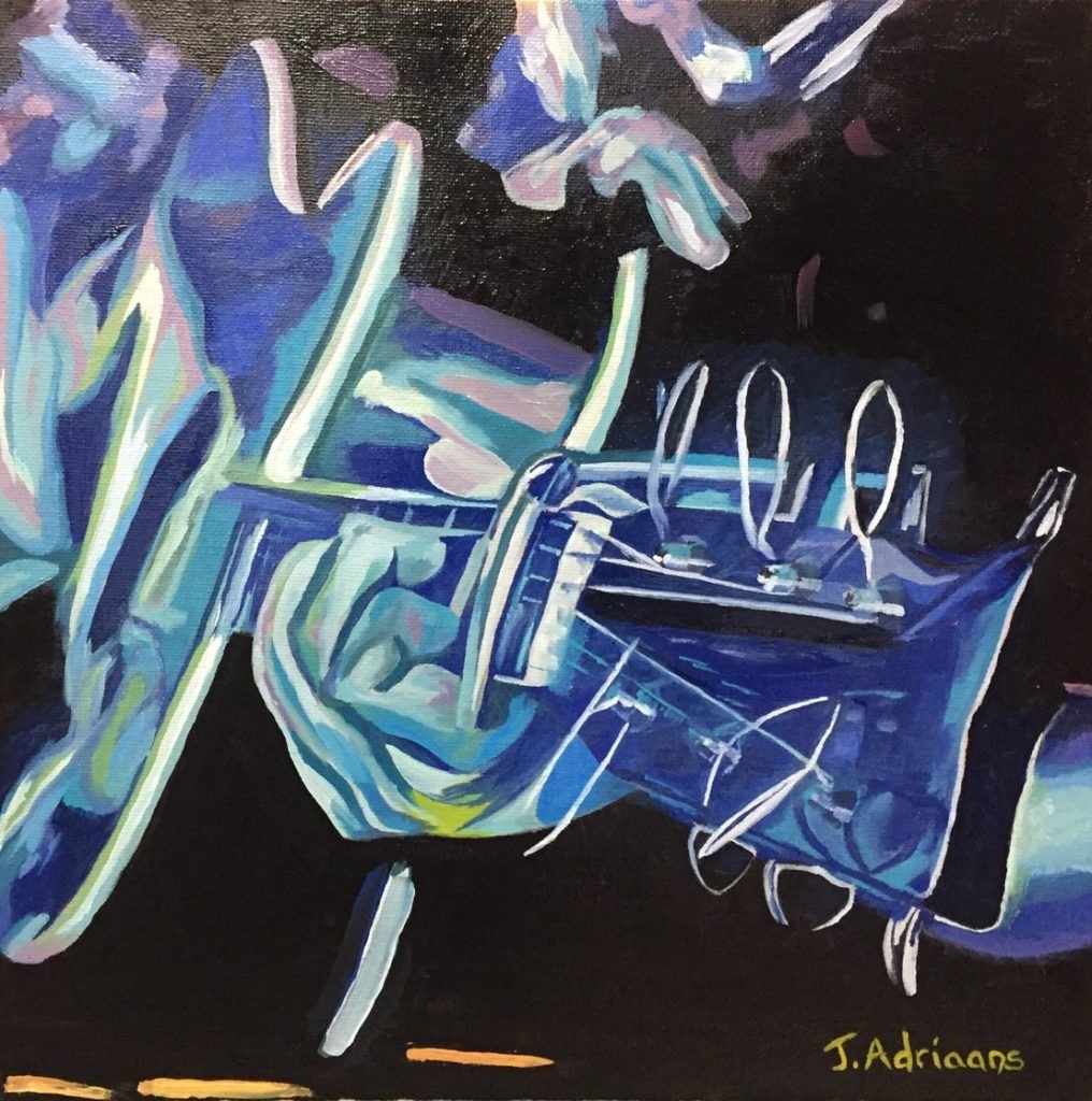 Abstract oil painting of hands strumming a guitar in blues and whites on black.